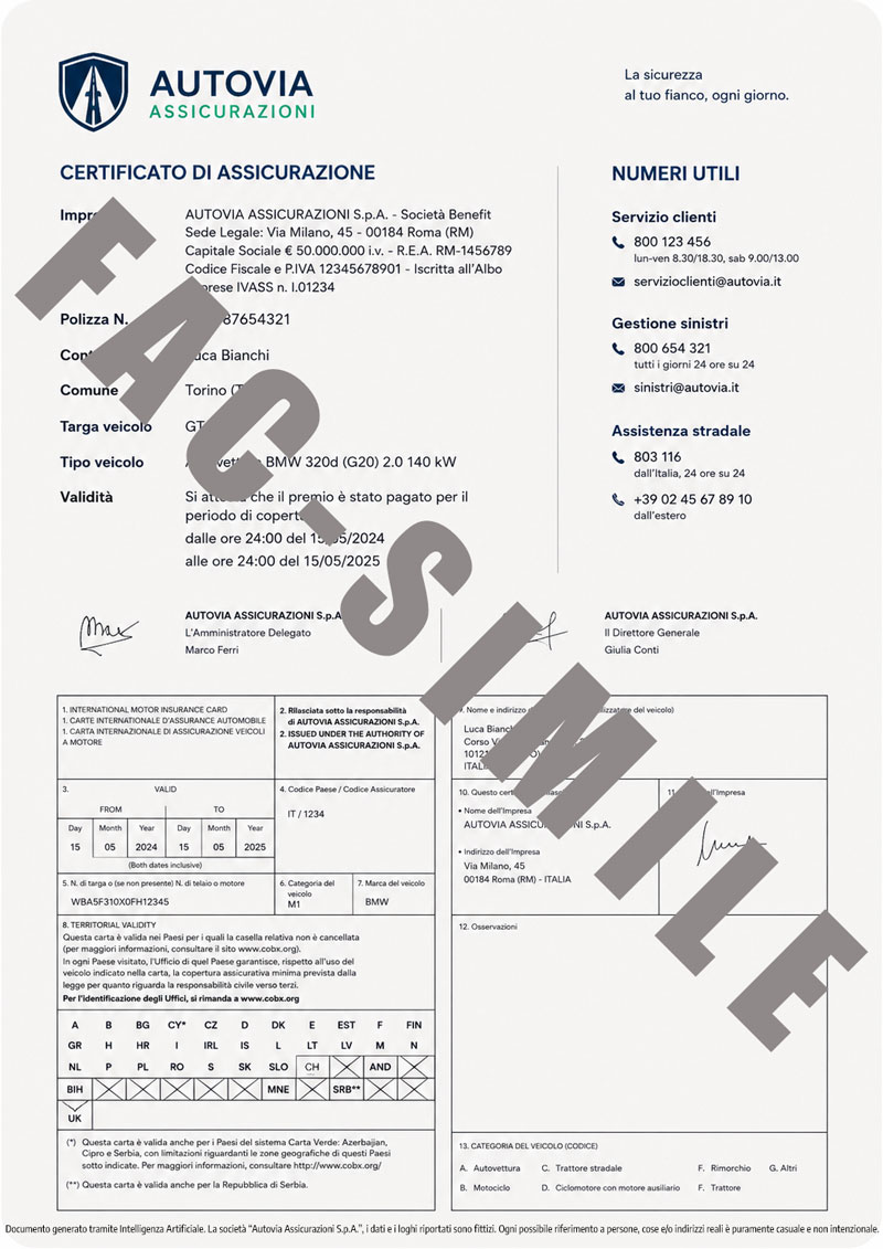 Certificato di Assicurazione Immagine Generata Tramite AI - Dati e Societa Fittizi Ogni Possibile Riferimento e Casuale Certificato di Assicurazione Immagine Generata Tramite AI - Dati e Societa Fittizi Ogni Possibile Riferimento e Casuale